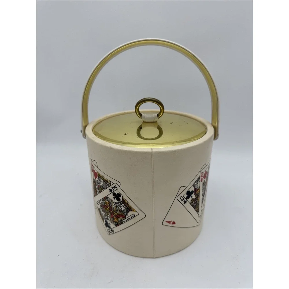 Vintage Kraftware Ice Bucket Cream With Gold Lid And Cards Made In USA